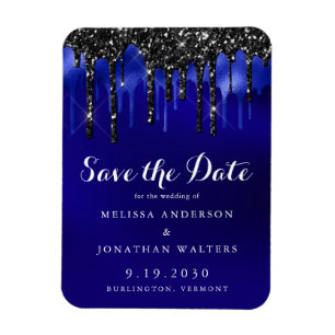 Elegant Black Blue Glitter Drips Save The Date Magnet