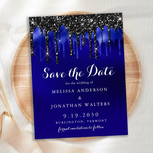 Elegant Black Blue Glitter Drips Save The Date  Postcard