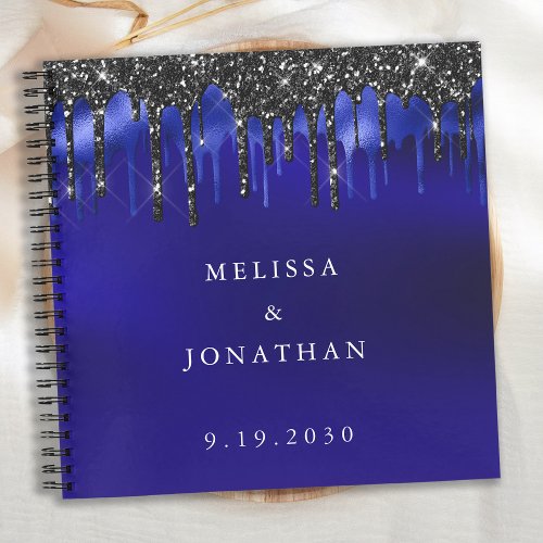Elegant Black Blue Glitter Drips Wedding Guest Notebook
