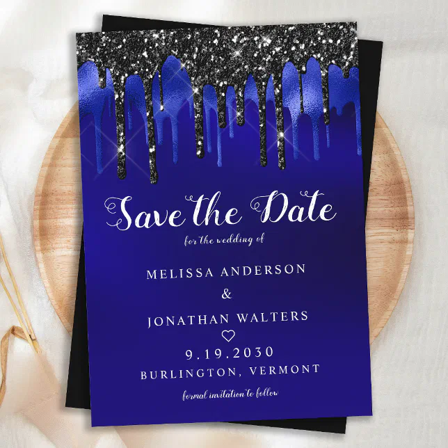 Elegant Black Blue Glitter Drips Wedding Invitation Zazzle