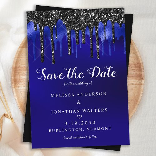 Elegant Black Blue Glitter Drips Wedding Invitation