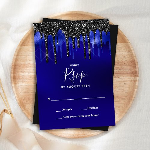 Elegant Black Blue Glitter Drips Wedding RSVP Note Card