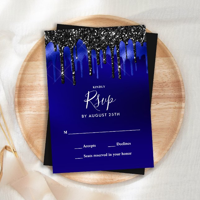 Elegant Black Blue Glitter Drips Wedding RSVP Note Card (Creator Uploaded)
