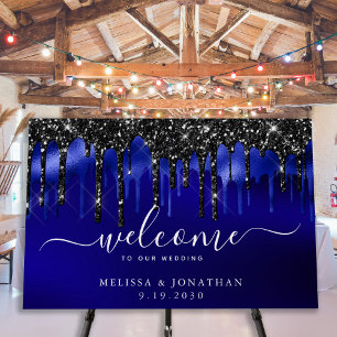 Elegant Black Blue Glitter Drips Wedding Welcome Foam Board