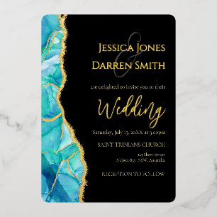 Elegant Black Blue Gold Foil Wedding Invitation Foil Invitation