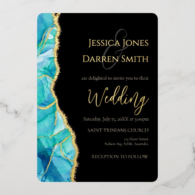 Elegant Black Blue Gold Foil Wedding Invitation Foil Invitation (Front)