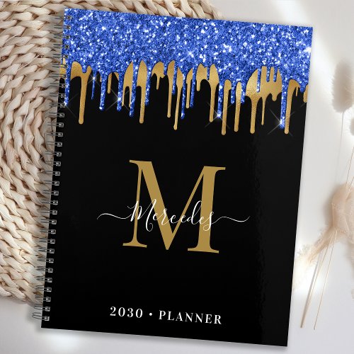 Elegant Black Blue Gold Glitter Drips Monogram Planner