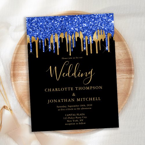 Elegant Black Blue Gold Glitter Drips Wedding Card