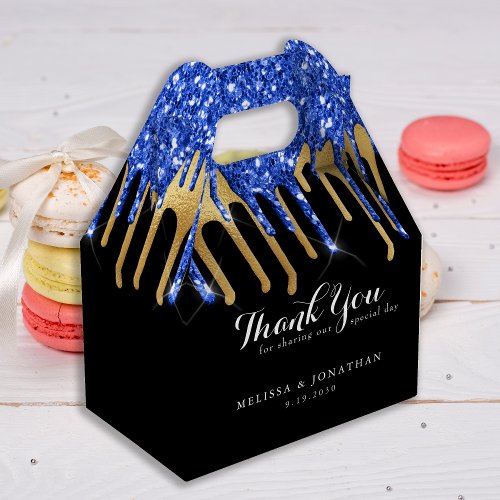 Elegant Black Blue Gold Glitter Drips Wedding Favor Boxes