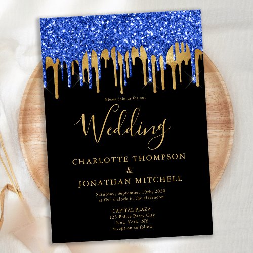 Elegant Black Blue Gold Glitter Drips Wedding Invitation