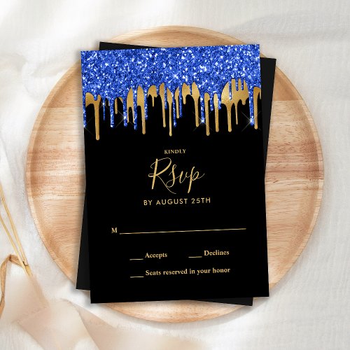 Elegant Black Blue Gold Glitter Drips Wedding RSVP Card