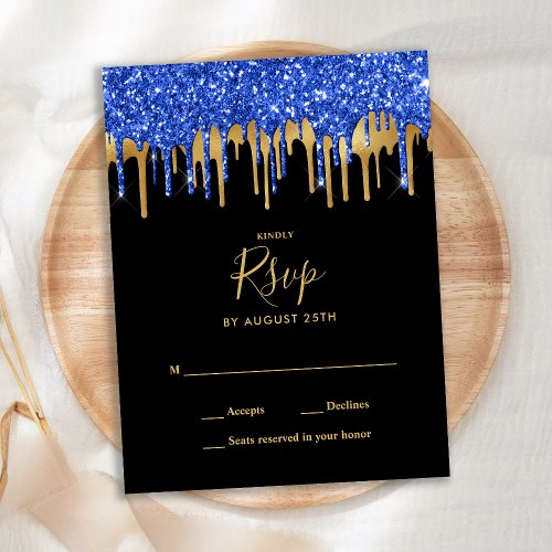 Elegant Black Blue Gold Glitter Drips Wedding RSVP Invitation Postcard