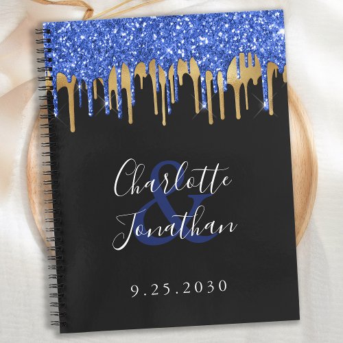 Elegant Black Blue Gold Glitter Wedding Guestbook Notebook