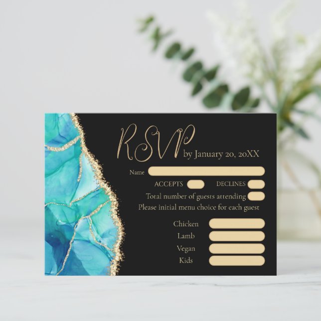 Elegant Black Blue Gold Glitter Wedding menu RSVP (Standing Front)