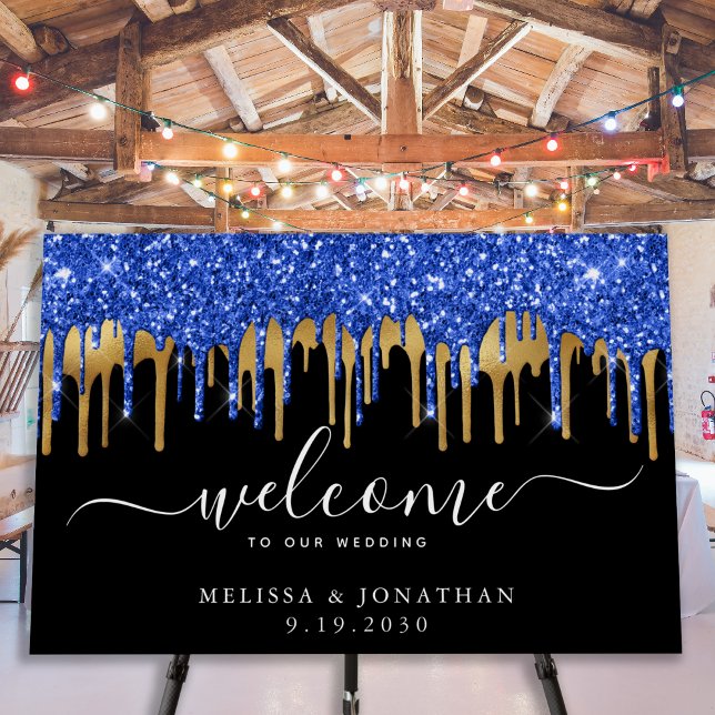Elegant Black Blue Gold Glitter Wedding Welcome Foam Board (Creator Uploaded)