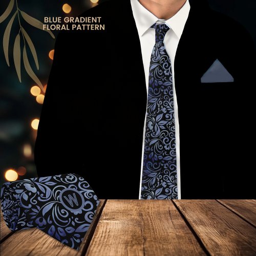 Elegant Black Blue Gradient Floral Monogram Neck Tie