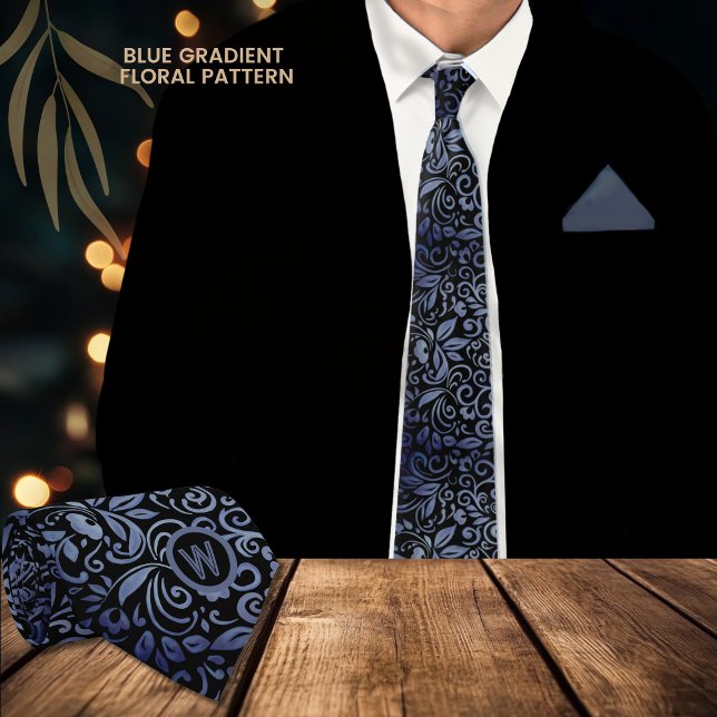 Elegant Black Blue Gradient Floral Monogram Neck Tie (Elegant Black Blue Gradient Floral Monogram Neck Tie)