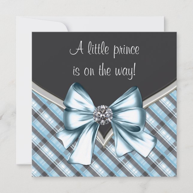 Elegant Black Blue Gray Plaid Prince Baby Shower Invitation (Front)