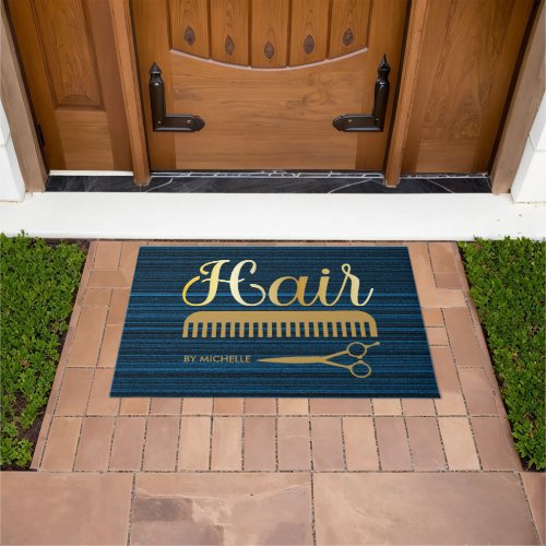 Elegant Black blue Hairstylist Salon Name Doormat