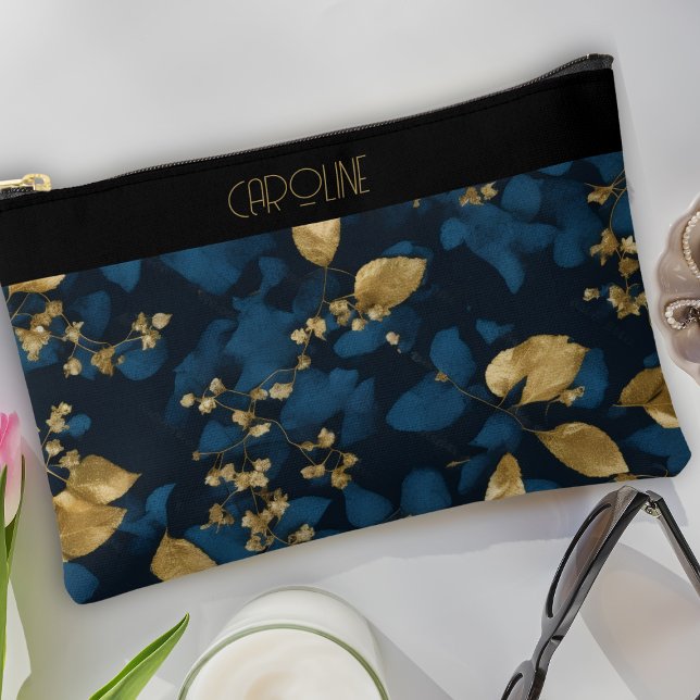  Elegant Black Blue Leaves Stylish Trendy Cute Accessory Pouch (Creator Uploaded)