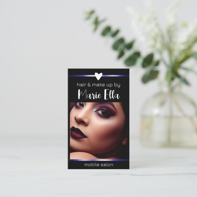 Elegant Black Blue Lines Photo QR Code Template  Business Card (Standing Front)