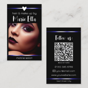 Elegant Black Blue Lines with Photo and QR Code Business Card
