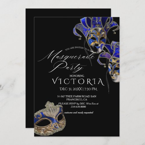 Elegant Black  Blue Mask Masquerade Birthday Invitation