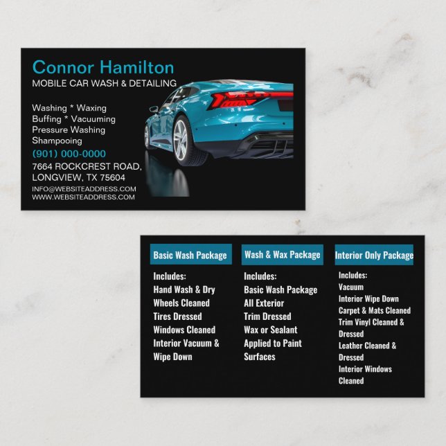 Elegant Black Blue Mobile Auto Car Wash Detailing  Business Card (Front/Back)