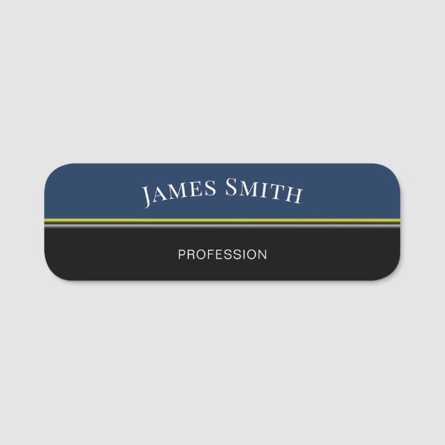 Elegant Black Blue Modern Gold Silver Striped Name Tag (Front)