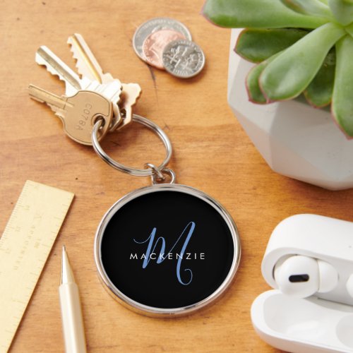 Elegant Black Blue Modern Minimalist Monogram Keychain