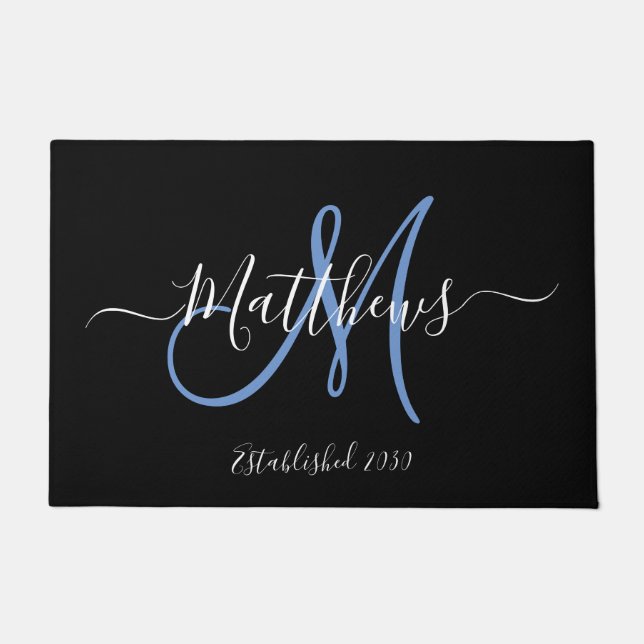 Elegant Black Blue Monogram Script Family Name Doormat (Front)