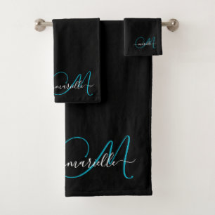 Elegant Black Blue Monogram Script Name Bath Towel Set