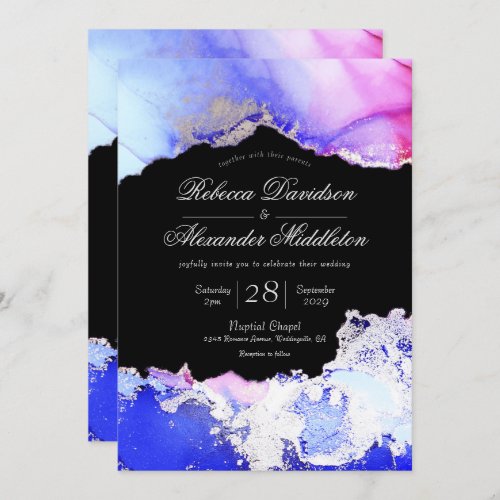 Elegant Black Blue Purple Silver Formal Wedding Invitation