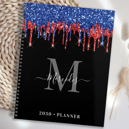 Elegant Black Blue Red Glitter Drips Monogram Planner