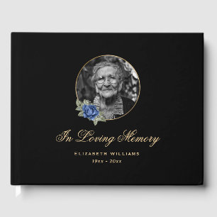 Elegant Black Blue Rose Floral Funeral Photo Guest Book