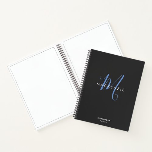 Elegant Black Blue Script Monogram Sketchbook Notebook