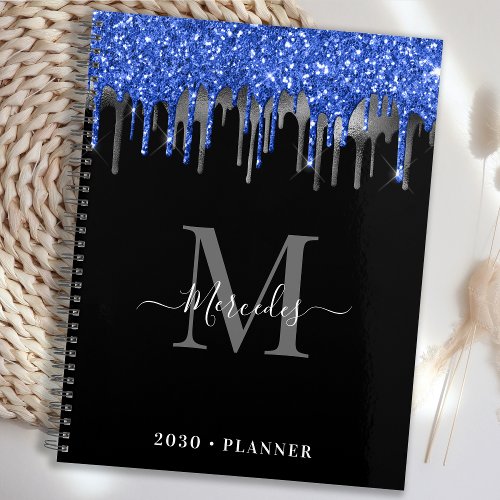 Elegant Black Blue Silver Glitter Drips Monogram Planner