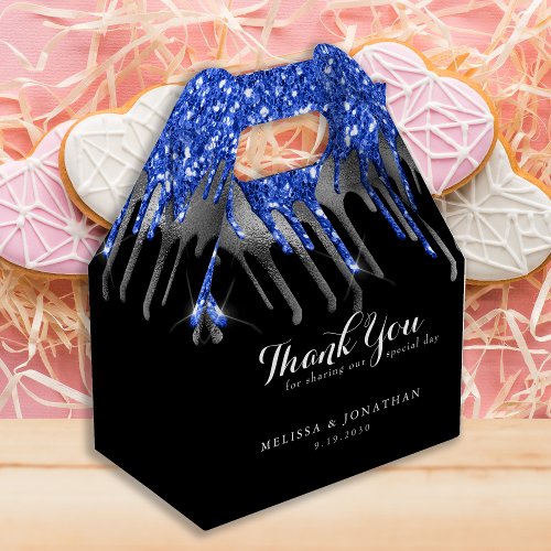 Elegant Black Blue Silver Glitter Drips Wedding Favor Boxes