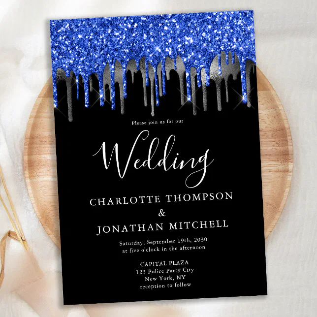 Elegant Black Blue Silver Glitter Drips Wedding Invitation Zazzle