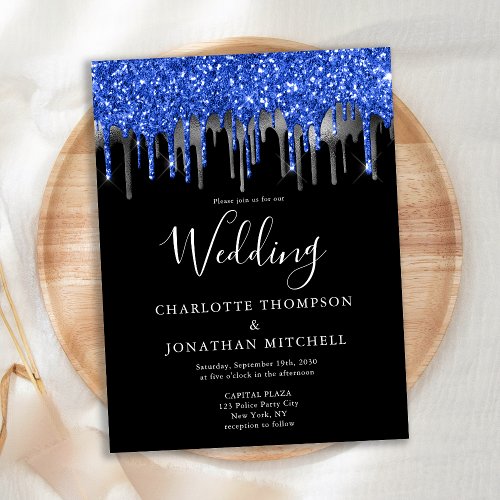 Elegant Black Blue Silver Glitter Drips Wedding Postcard