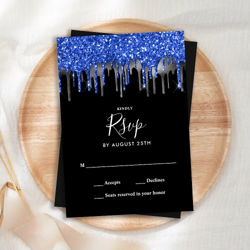 Elegant Black Blue Silver Glitter Drips Wedding RSVP Card