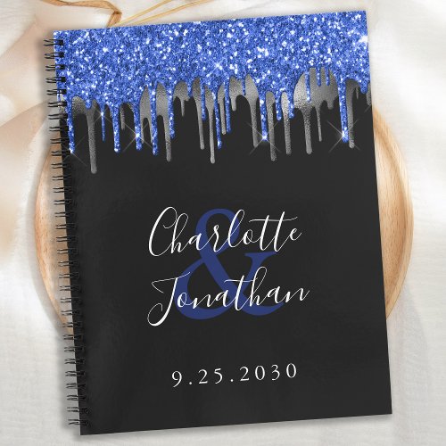 Elegant Black Blue Silver Glitter Wedding Guest Notebook