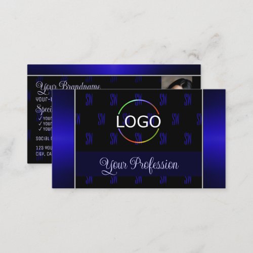 Elegant Black Blue with Logo Photo and Monogram Business Card