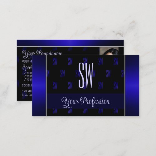 Elegant Black Blue with Photo and Monogram Pattern Business Card