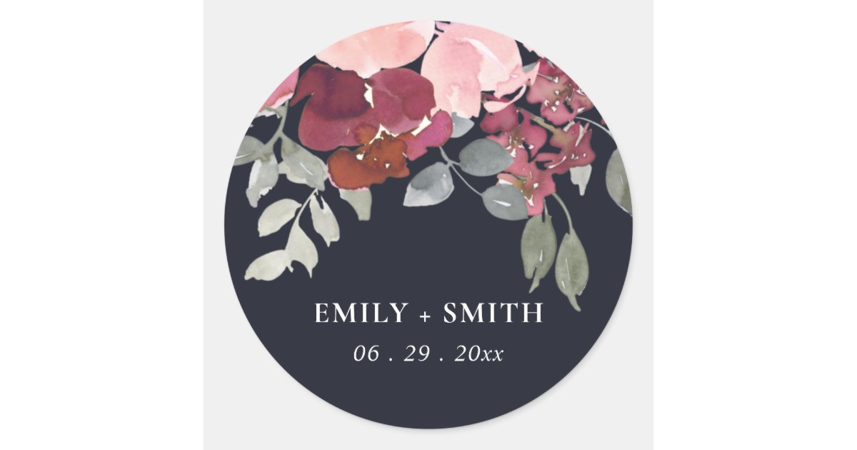 ELEGANT BLACK BLUSH BURGUNDY ROSE FLORAL WEDDING CLASSIC ROUND STICKER ...