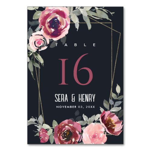 ELEGANT BLACK BLUSH BURGUNDY ROSE FLORAL WEDDING TABLE NUMBER