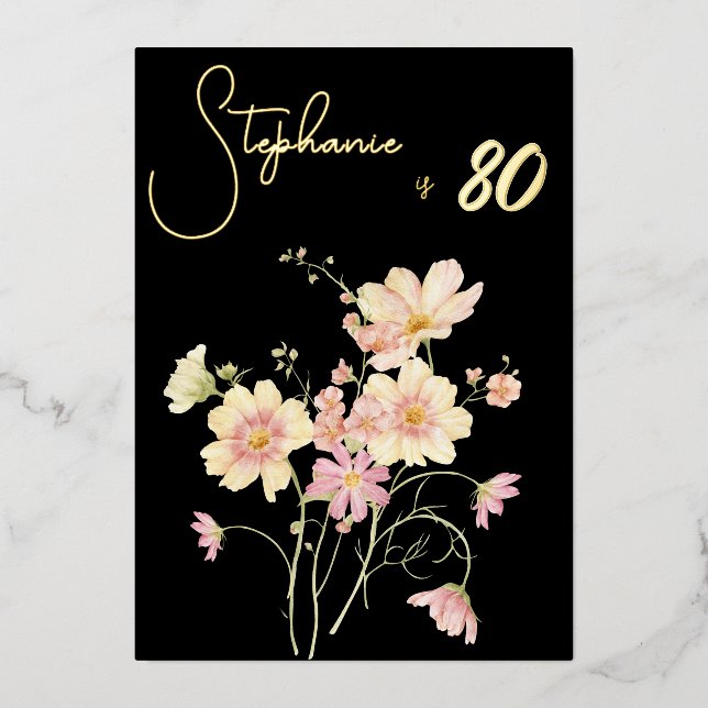 Elegant Black Blush Floral 80th Birthday Rose Gold Foil Invitation (Front)