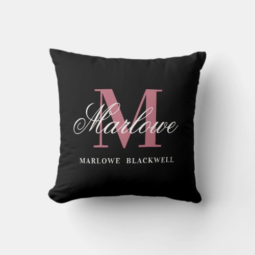 Elegant Black Blush Pink Monogram Script Throw Pillow