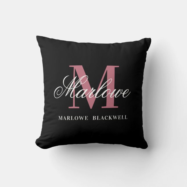 Elegant Black Blush Pink Monogram Script Throw Pillow (Front)