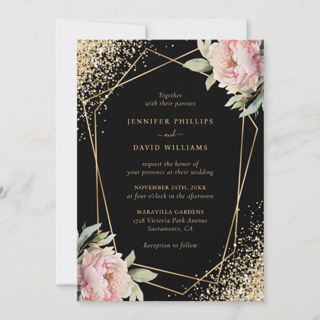 Elegant Black Blush Pink Peony Geo Gold Wedding Invitation (Front)